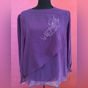 Vintage 1980s Pretense Purple Longsleeve Blouse w/ Flower Embroidery - Size 40